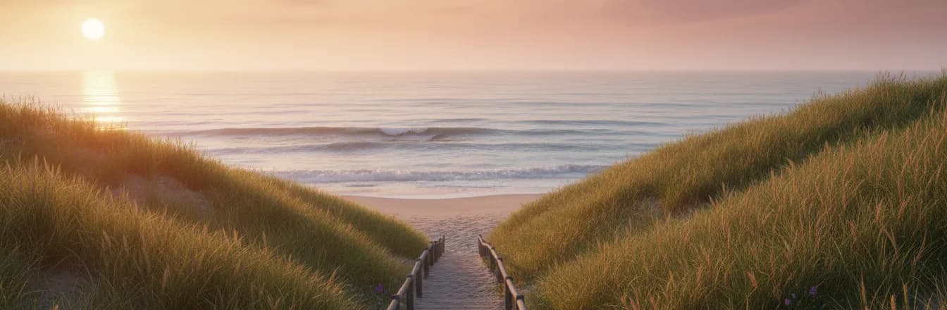 Peaceful beach pathway through dunes at sunset