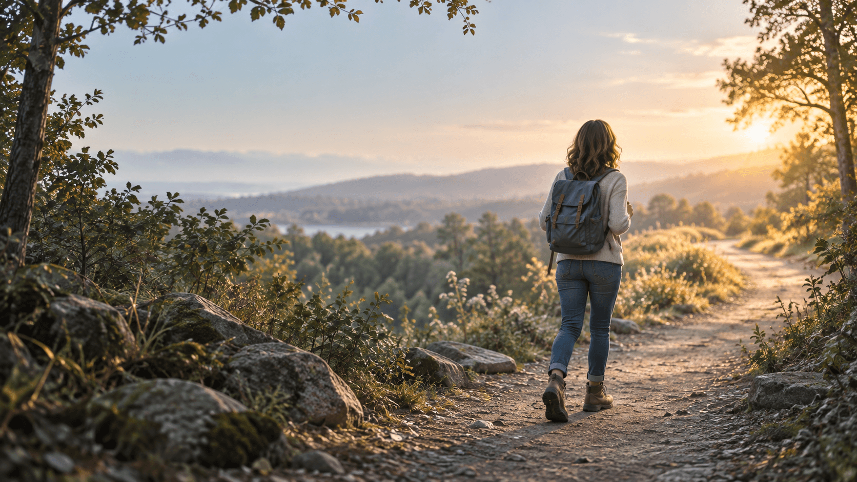 A woman wearing a backpack walks along a woodland path toward warm sunlight and an open landscape, symbolizing courage, personal growth, and stepping beyond her comfort zone.