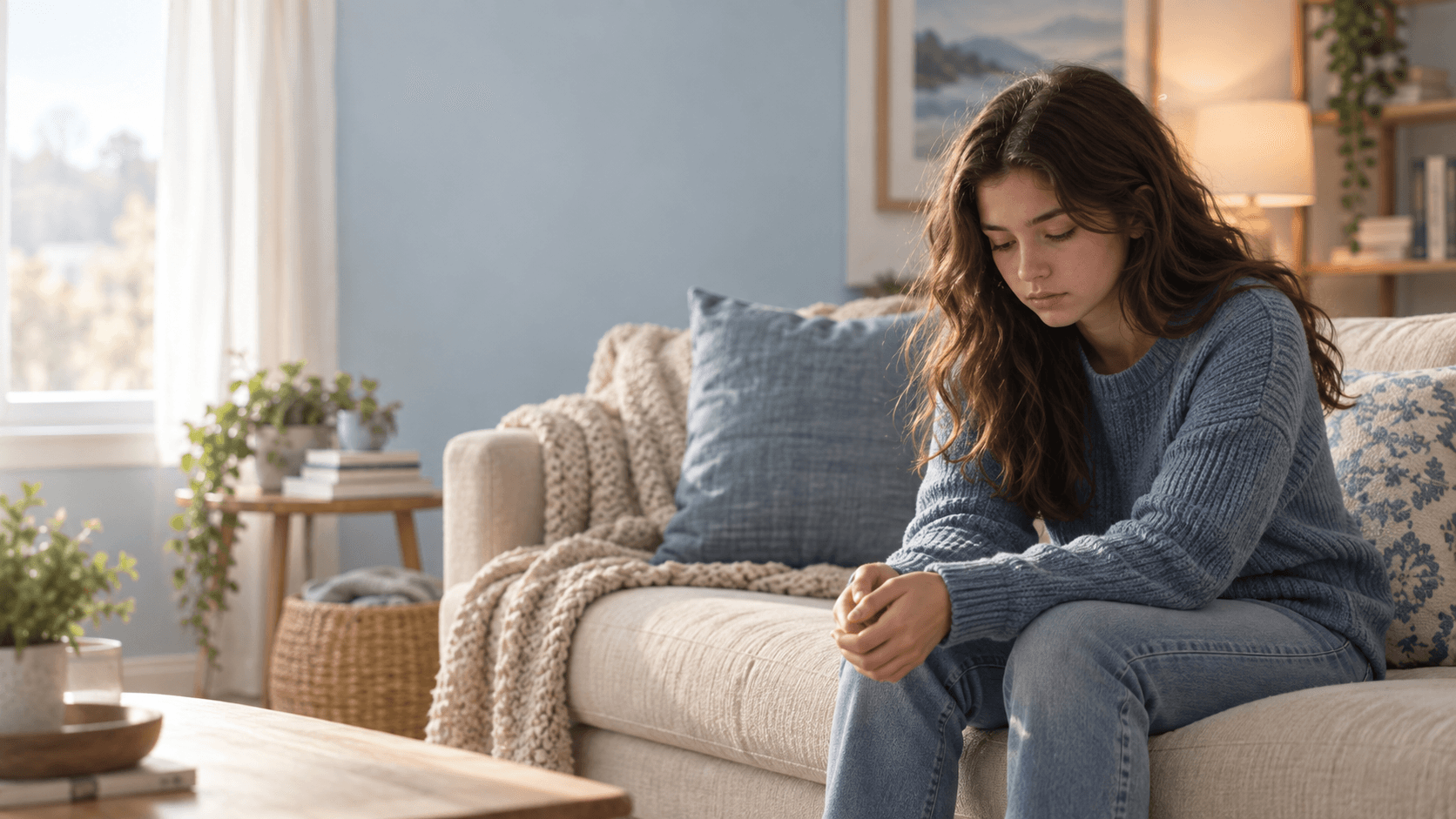 A distressed teenage girl sits quietly on a sofa with her head lowered and hands clasped in a softly lit living room.